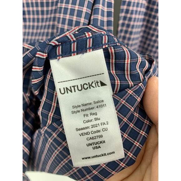 Untuckit Salice Mens S Blue Check Print Regular Fit Long Sleeve Buttondown *READ - Picture 4 of 6
